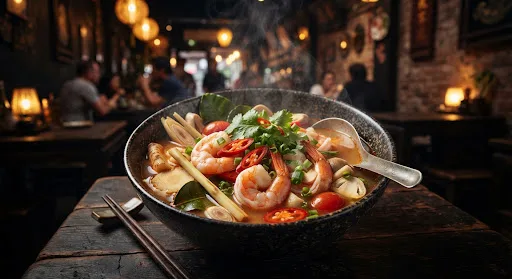 Thajská polévka Tom Yum s krevetami, citronovou trávou a chilli