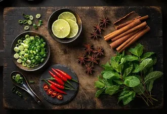 Tradiční vietnamské suroviny: jarní cibulka, limetka, chilli, badyán a máta
