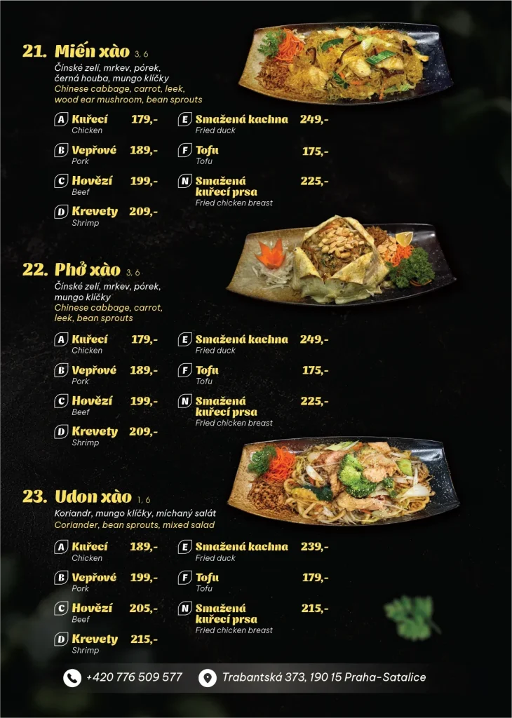 Jídelní lístek – Miến, Phở, Udon xào 21–23