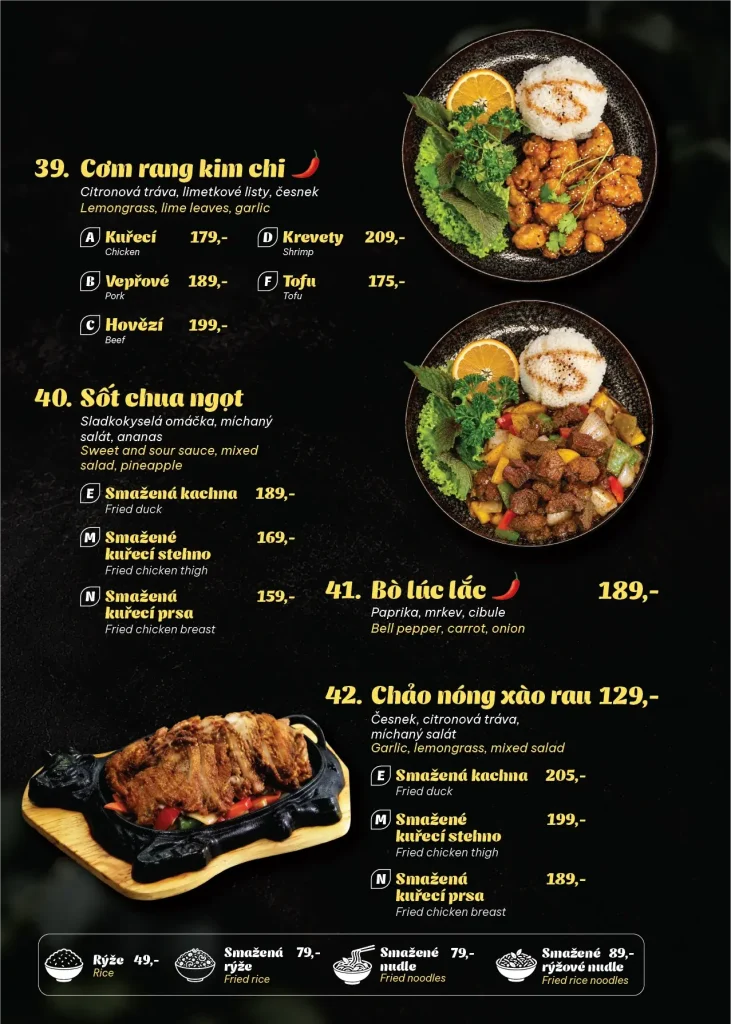 Jídelní lístek – Cơm rang kim chi, Sốt 39–42