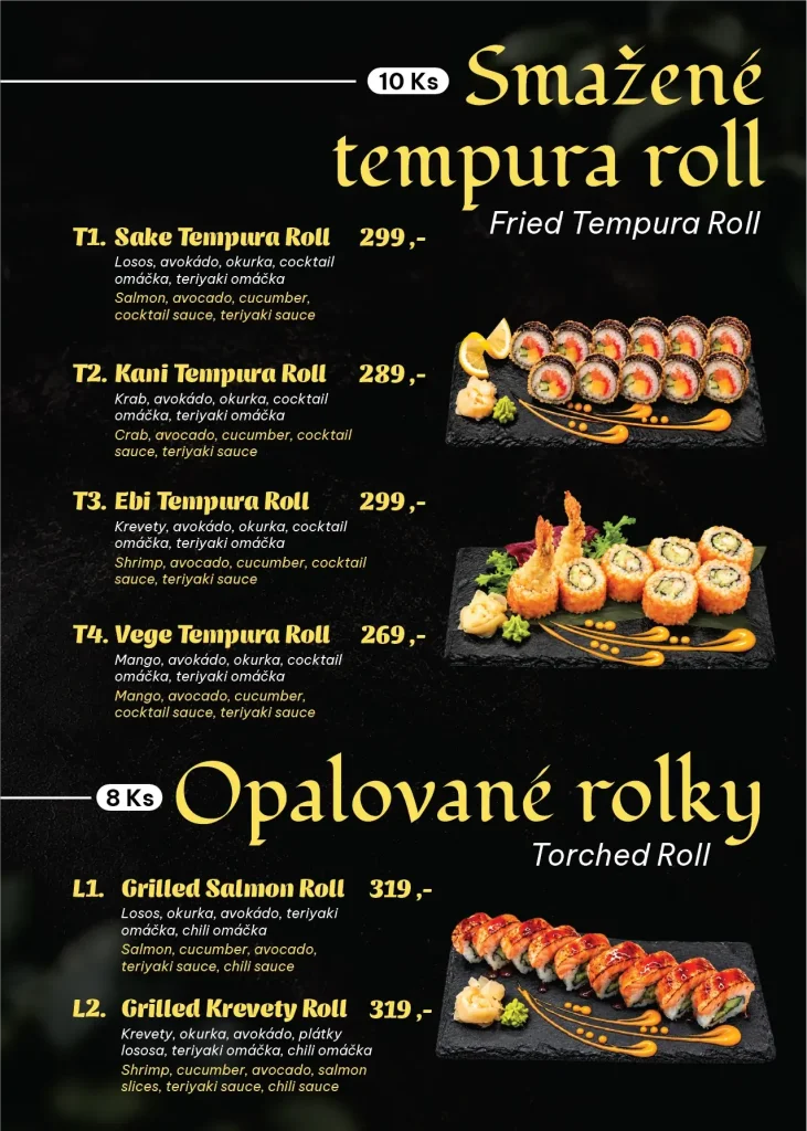 Jídelní lístek – Tempura & Opalované rolky